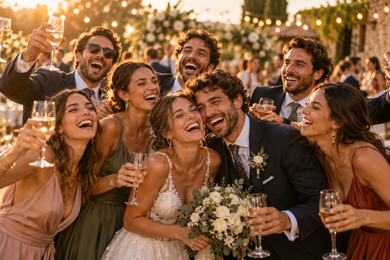 Invitados brindando con los novios