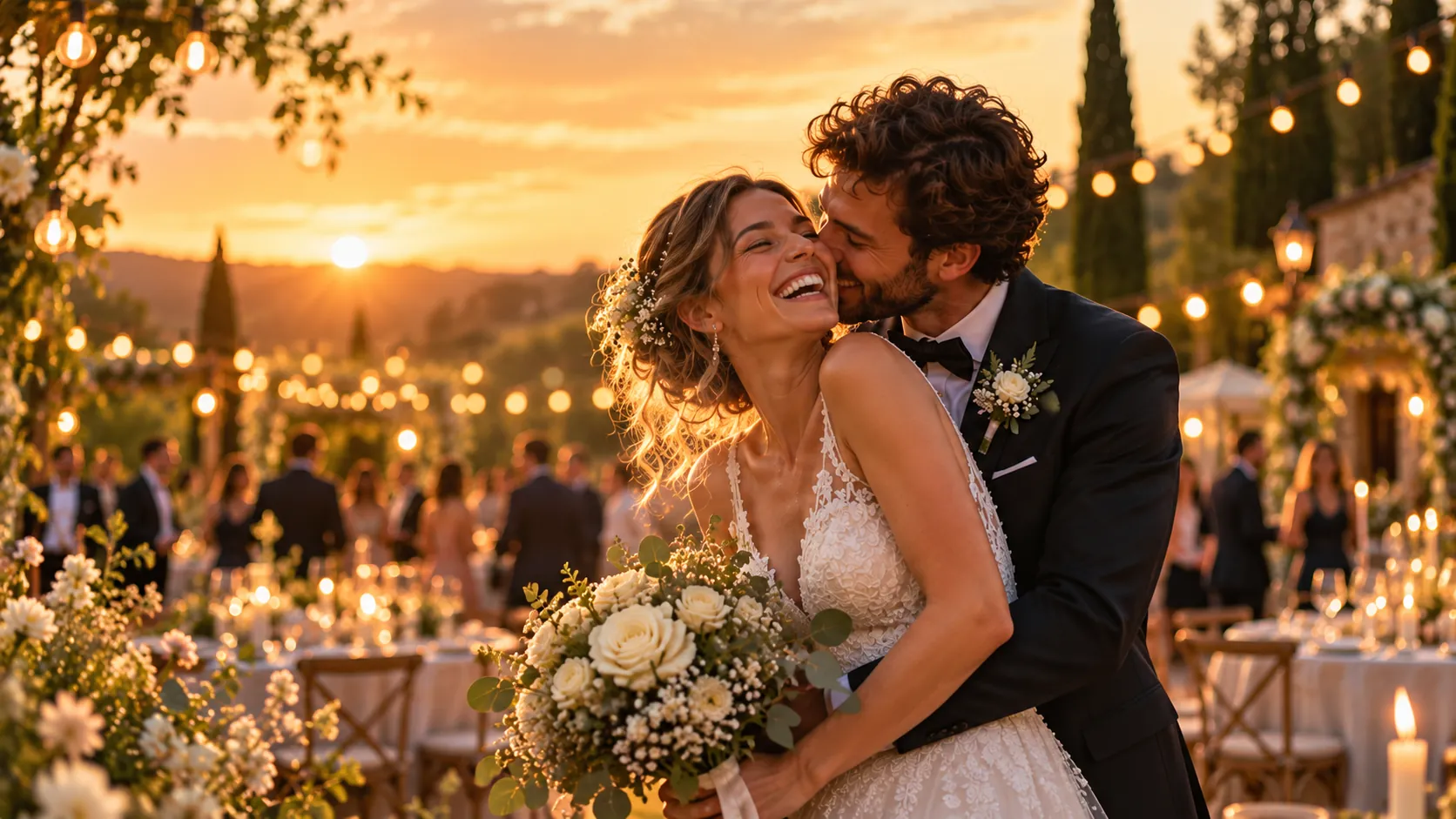 Pareja de novios abrazándose al atardecer